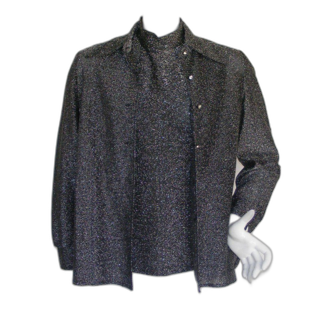 Vintage Top/Shirt-Jacket Set, S, 2pc, Silvery Sparkle, Rhinestone Buttons